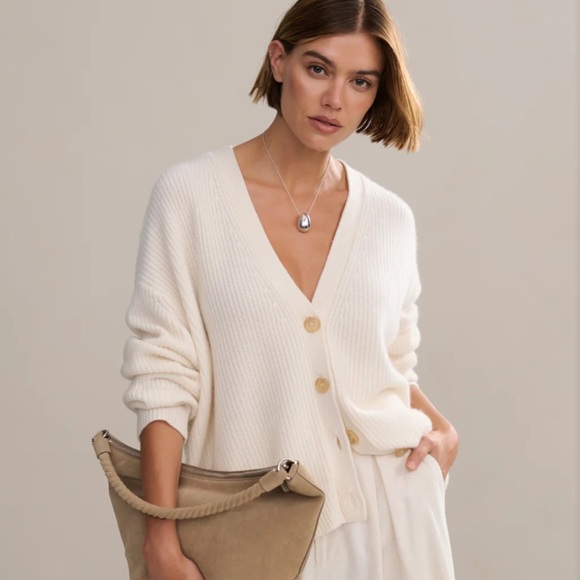 Jenni Kayne Cropped Cashmere Cocoon V Neck Knit Cardigan Sweater Ivory - Picture 9 of 9